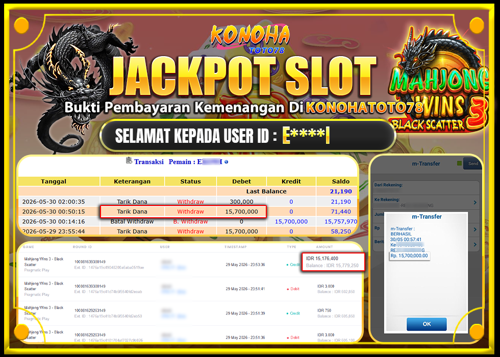 KONOHATOTO78 JACKPOT MAHJONG WINS 3 BLACK SCATTER Rp.Rp.15.700.000,- LUNAS